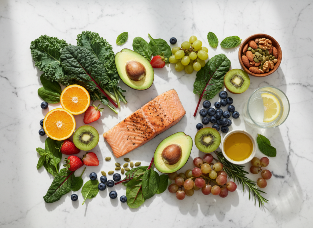 healthy foods for clear skin including fruits, vegetables, water, nuts