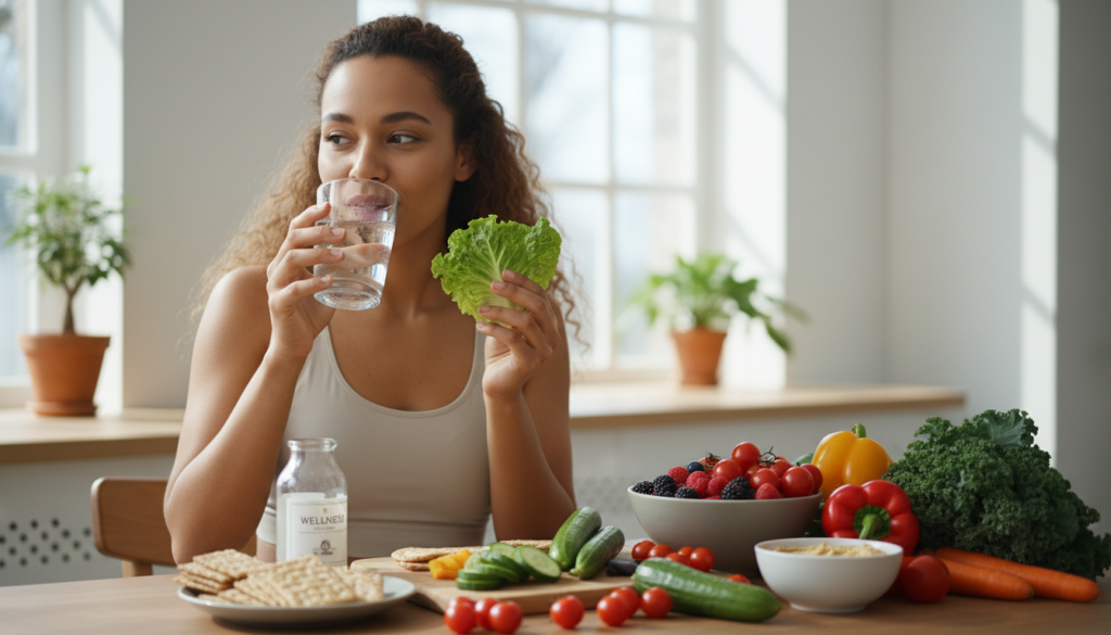 healthy lifestyle woman drinking water eating vegetables
