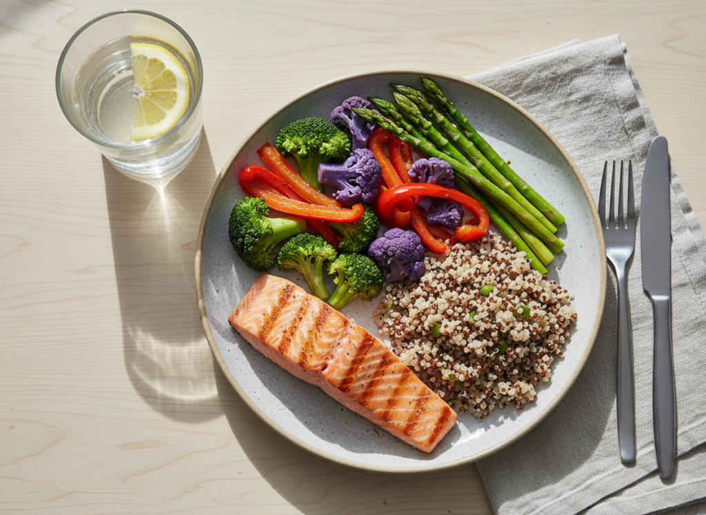 healthy meal with salmon, vegetables and water healthy meal with salmon, vegetables and water