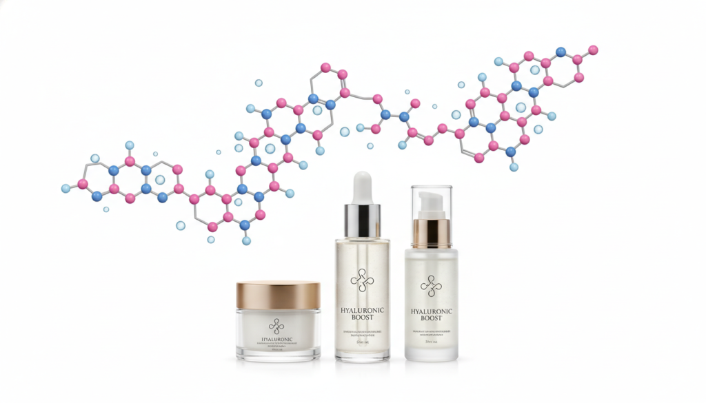 hyaluronic acid molecule and skincare ingredient bottles