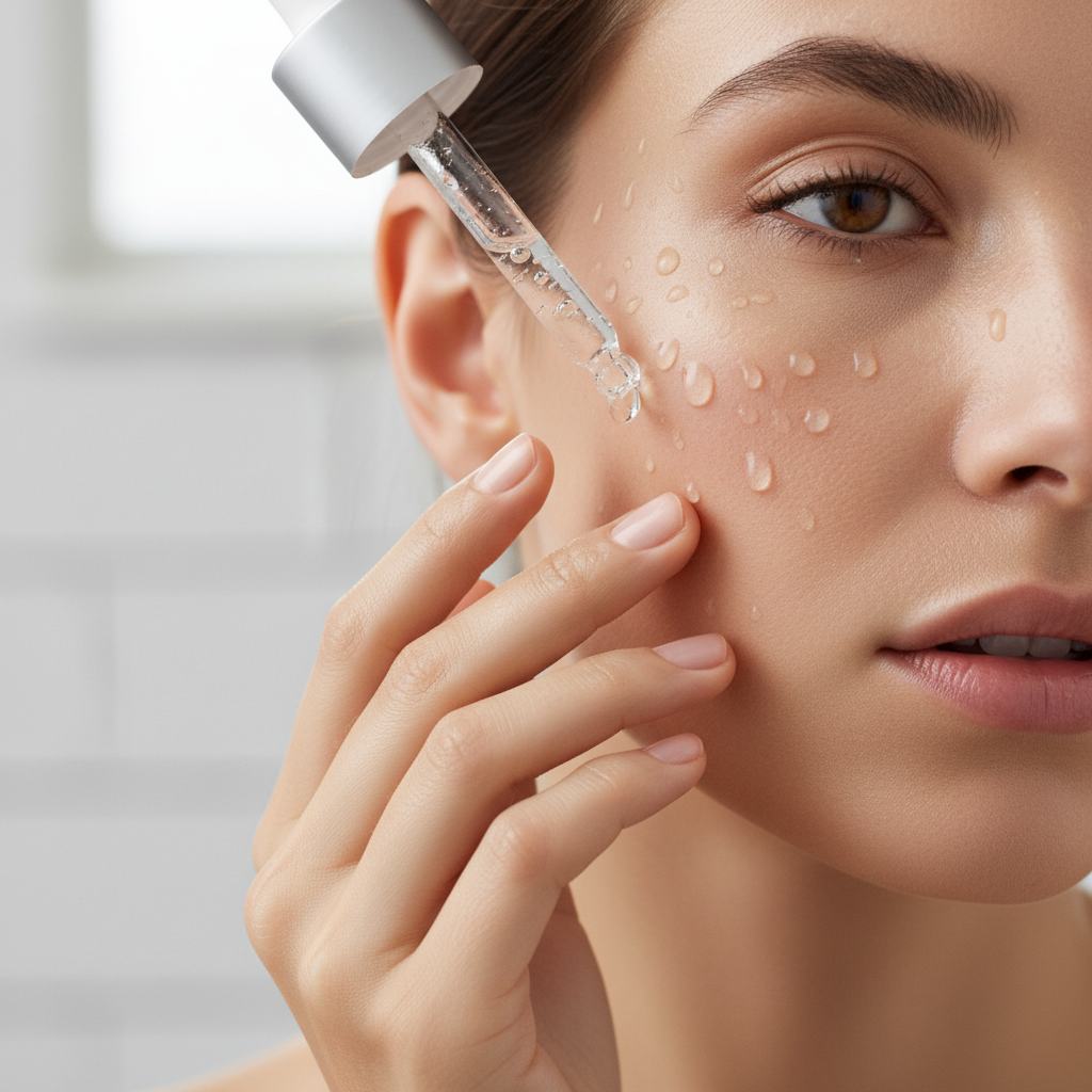 hyaluronic acid serum being applied to damp skin