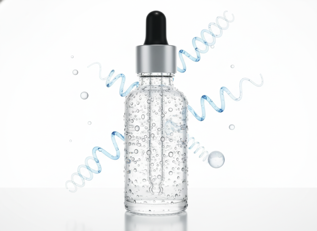 hyaluronic acid serum with water droplets showing hydrating ingredients for dry skin