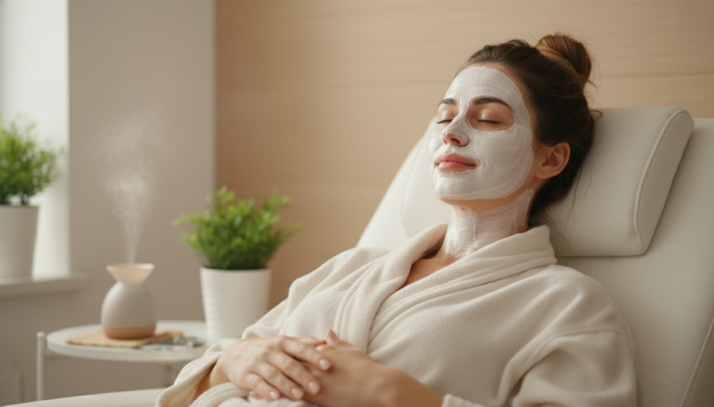 hydrating face mask sheet mask on woman showing weekly dry skin treatment