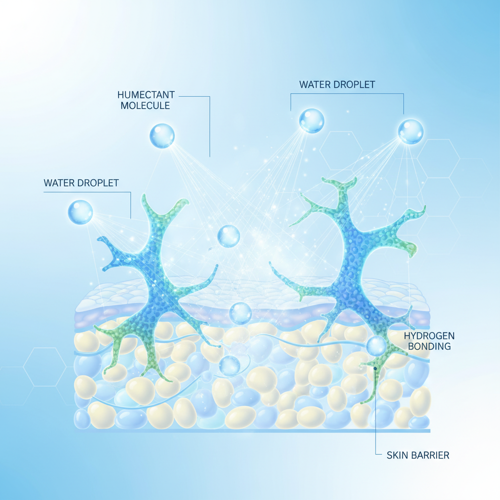 hydrating ingredients water molecules binding to skin for moisture retention