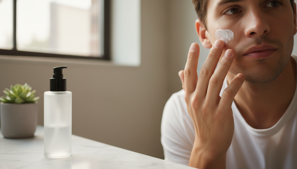 man applying moisturizer for clear skin