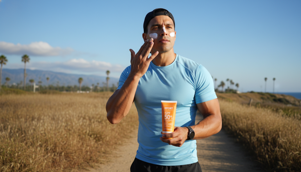 man applying sunscreen for skin protection outdoors