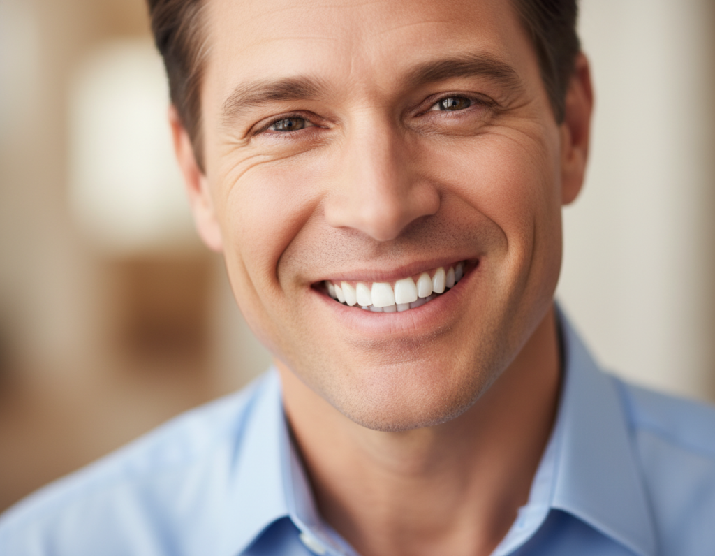man with healthy bright smile showing good dental care results