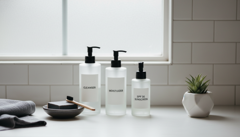 men skin care routine essentials laid out on bathroom counter