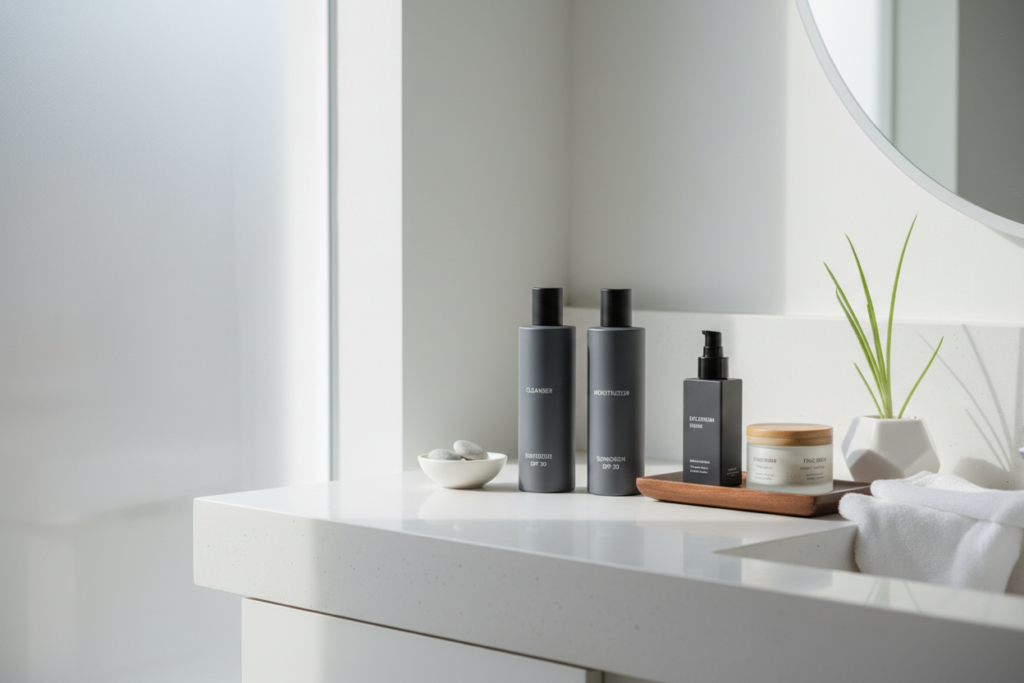 men's skincare products arranged on bathroom counter for daily routine