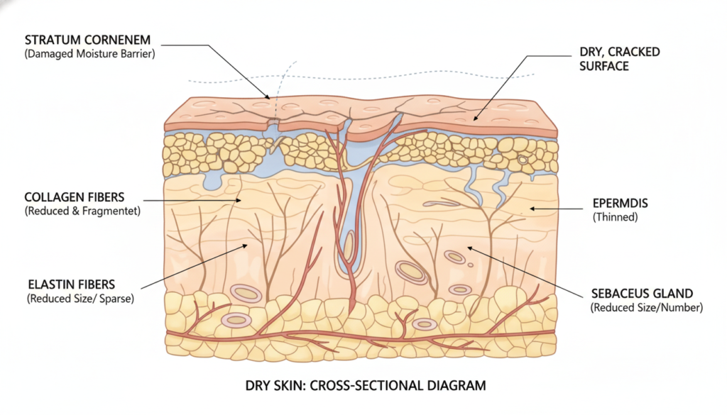 microscopic view of dry skin barrier showing lack of moisture and damaged skin cells