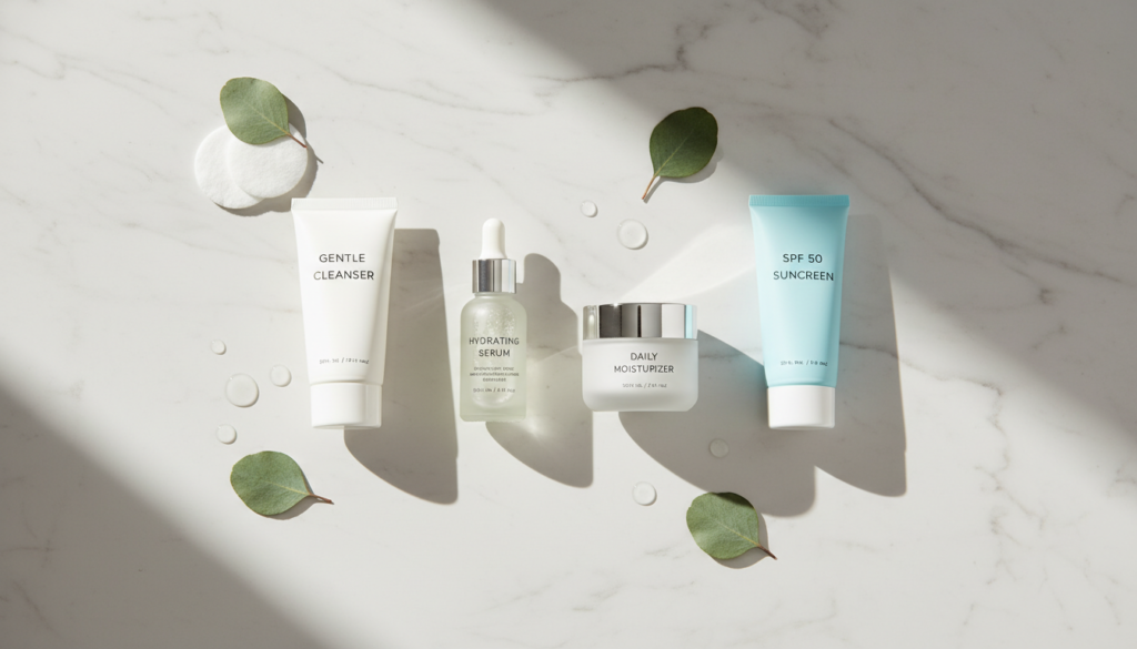 morning skincare products arranged on bathroom counter showing dry skin care routine essentials
