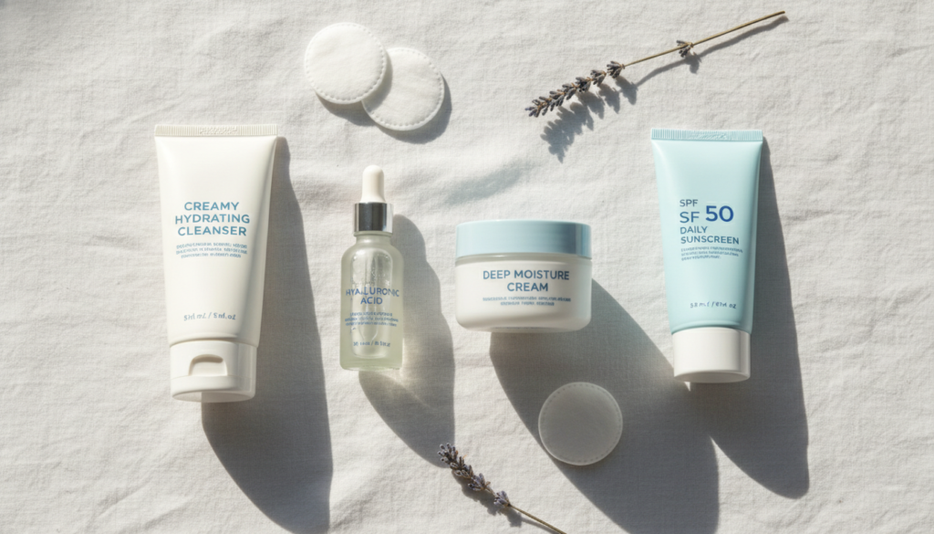 morning skincare products for dry skin routine including cleanser serum moisturizer sunscreen