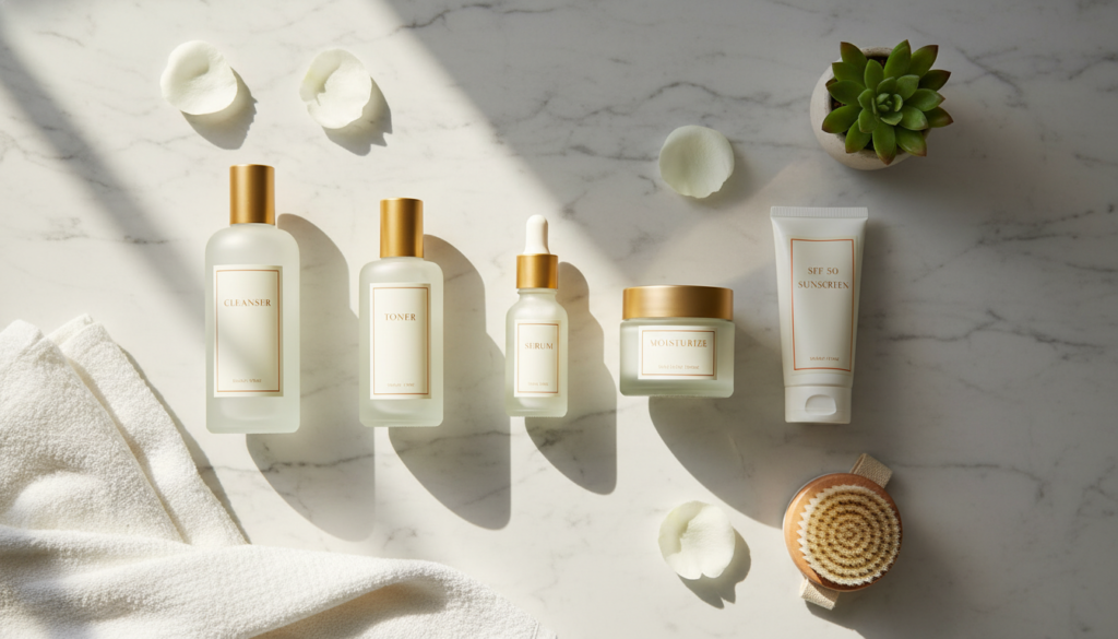morning skincare routine products arranged on bathroom counter with natural light