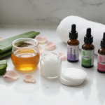 natural diy skin care routine products arranged on bathroom counter