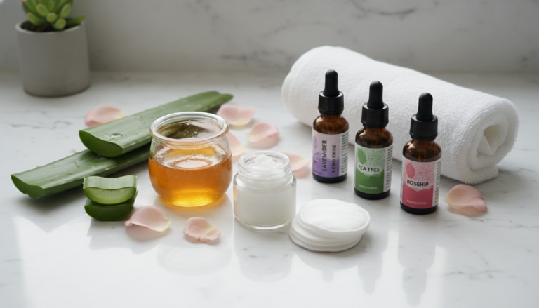 natural diy skin care routine products arranged on bathroom counter