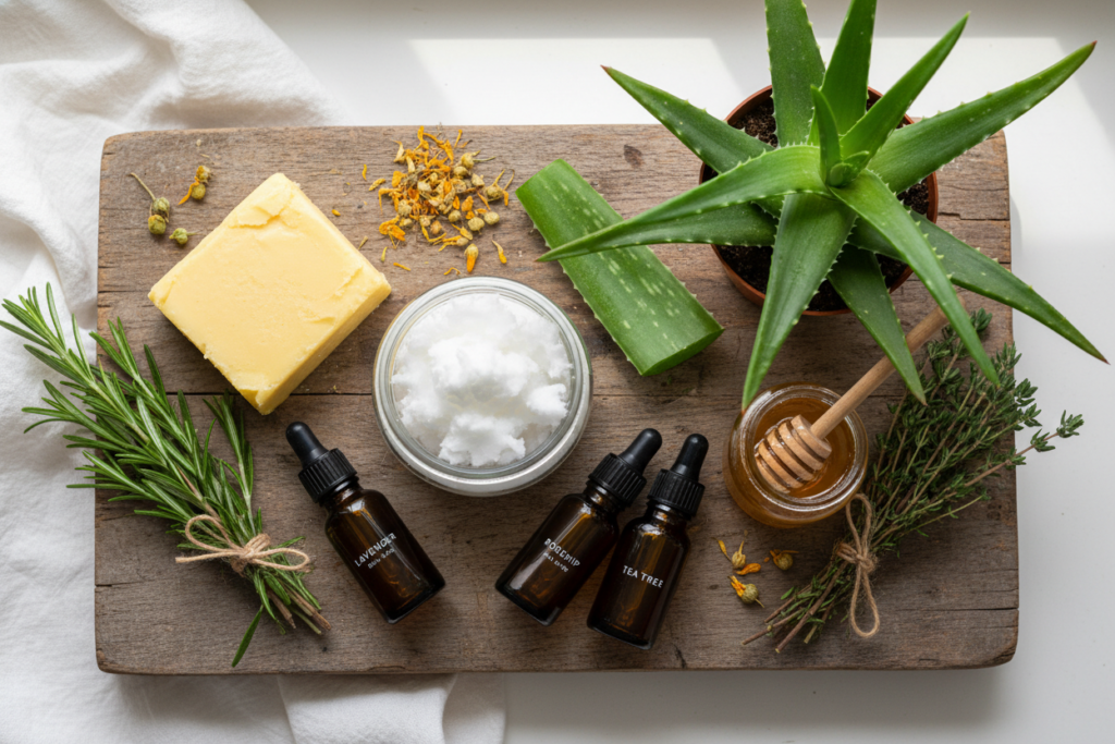 natural skincare ingredients including oils and botanicals
