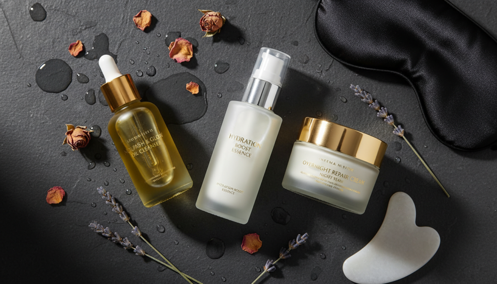 nighttime skincare routine for dry skin with cleansing oil treatment cream