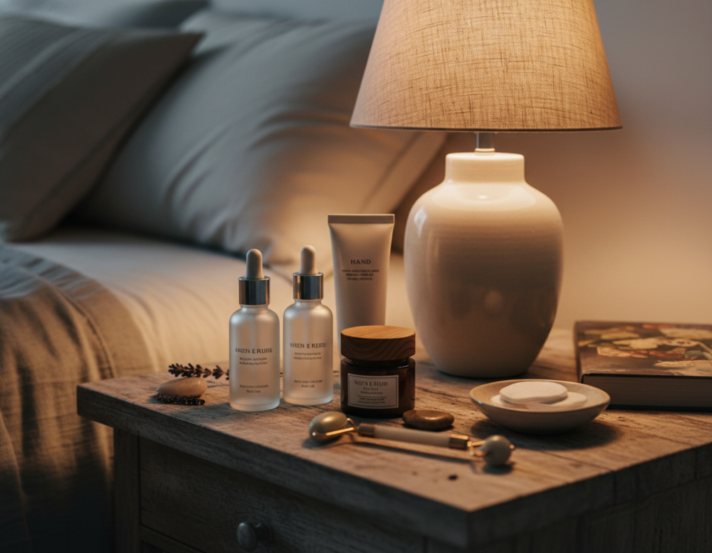 nighttime skincare routine products on bedside table nighttime skincare routine products on bedside table