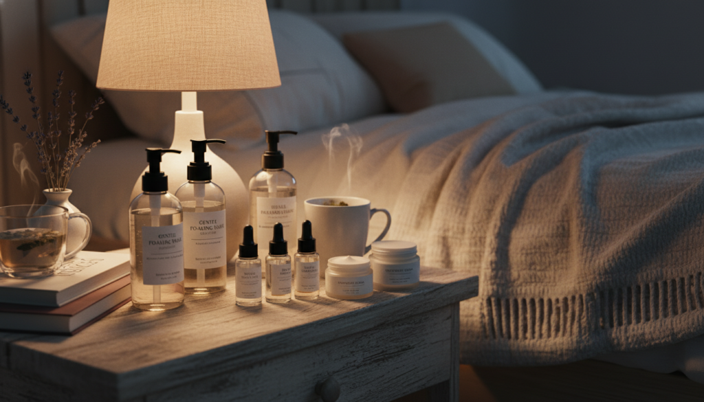nighttime skincare routine with serums and treatments on bedside table