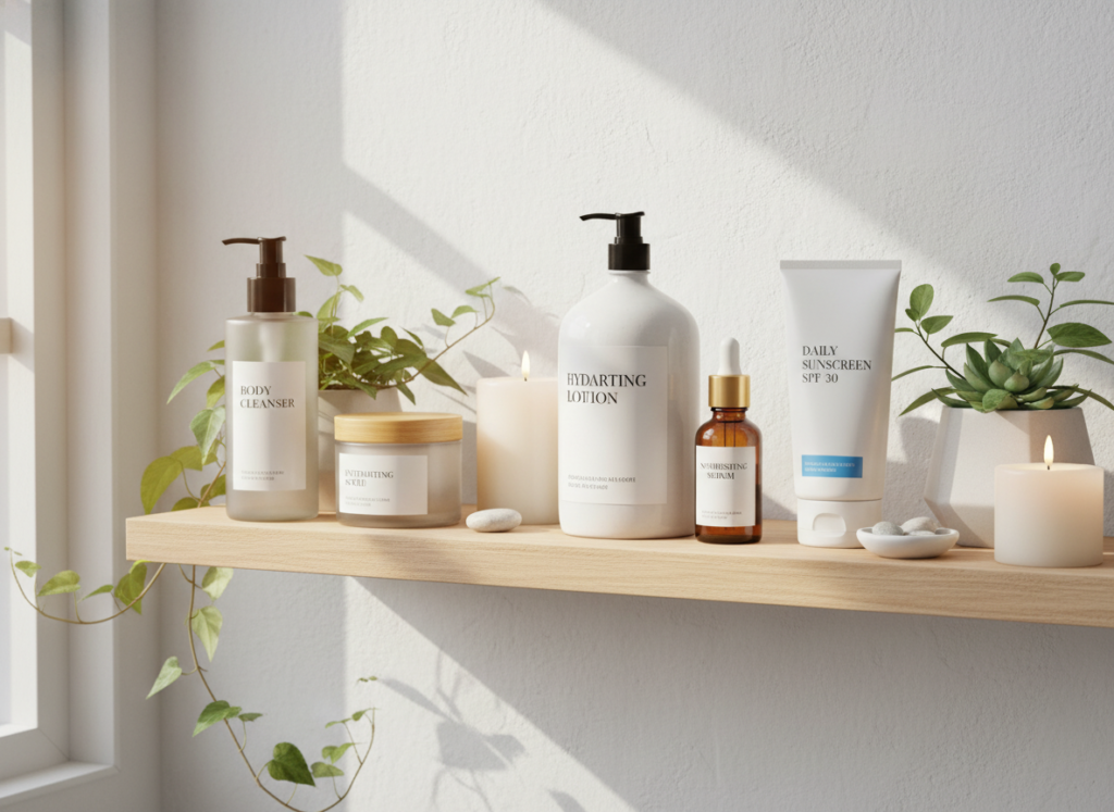 organized body skincare products on shelf