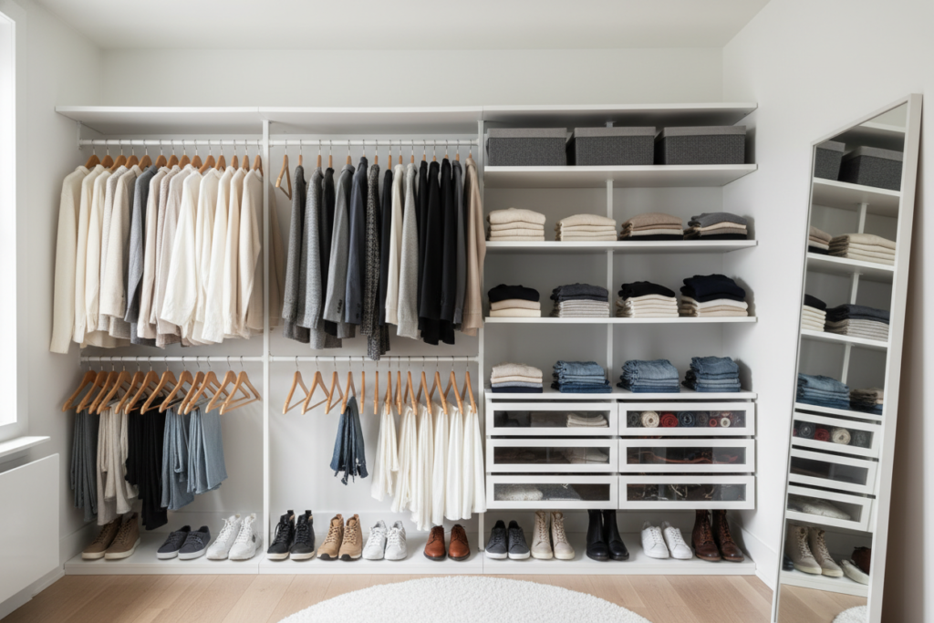organized closet with stylish clothing organized closet with stylish clothing