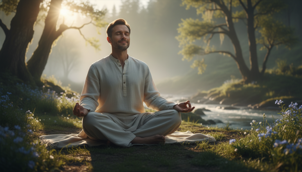 peaceful man meditating showing mental wellness and inner confidence
