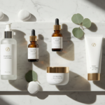 perfect skin care routine products arranged on marble surface