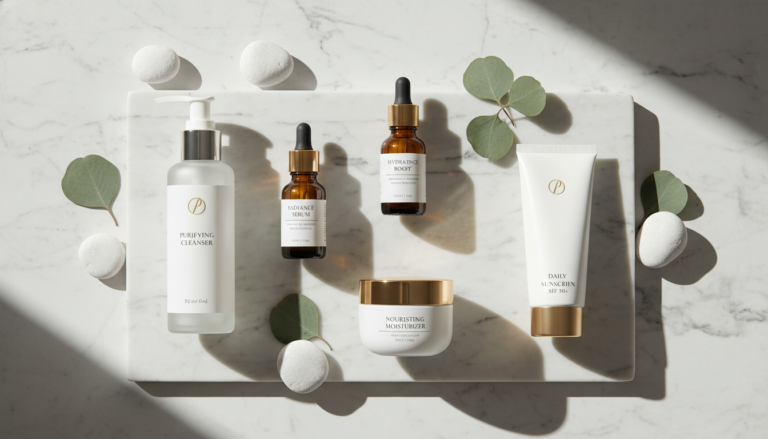 perfect skin care routine products arranged on marble surface