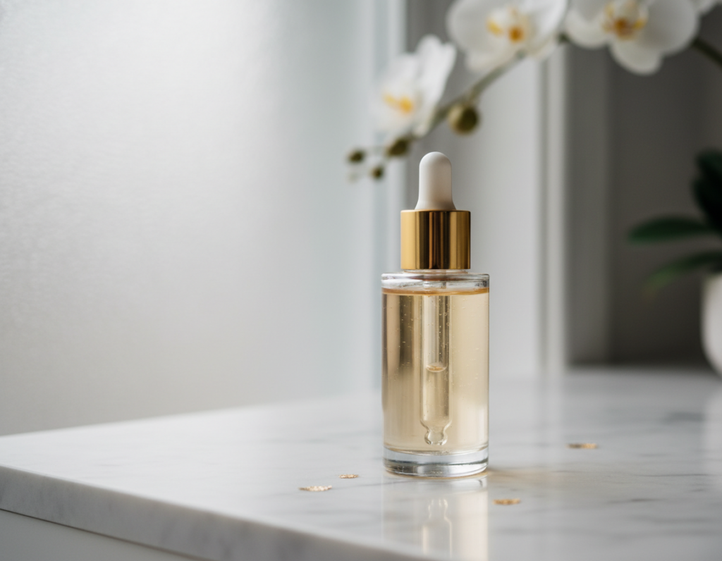 retinol serum bottle with dropper on vanity