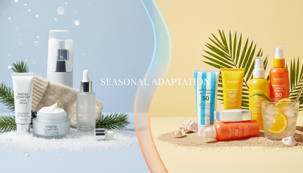 seasonal skincare products for dry skin showing winter and summer routines