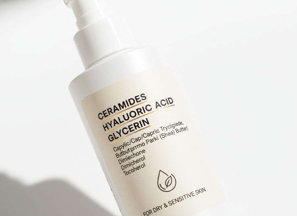 skincare product ingredients label showing ceramides hyaluronic acid glycerin for dry skin