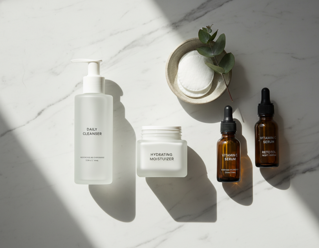 skincare products arranged on clean surface with natural lighting skincare products arranged on clean surface with natural lighting