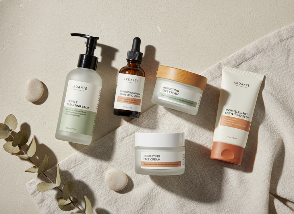 skincare products for dark skin tones arranged beautifully