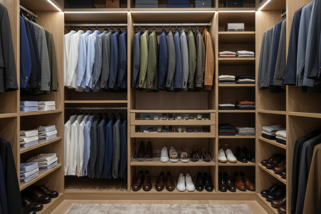 stylish men's wardrobe with well-organized clothing showing personal style