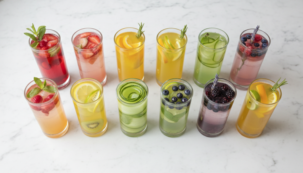 twelve glasses of different detox water recipes arranged beautifully