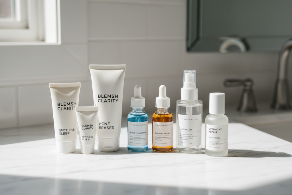 various spot treatment products on bathroom counter