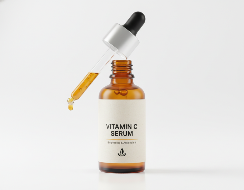 vitamin C serum in amber glass dropper bottle
