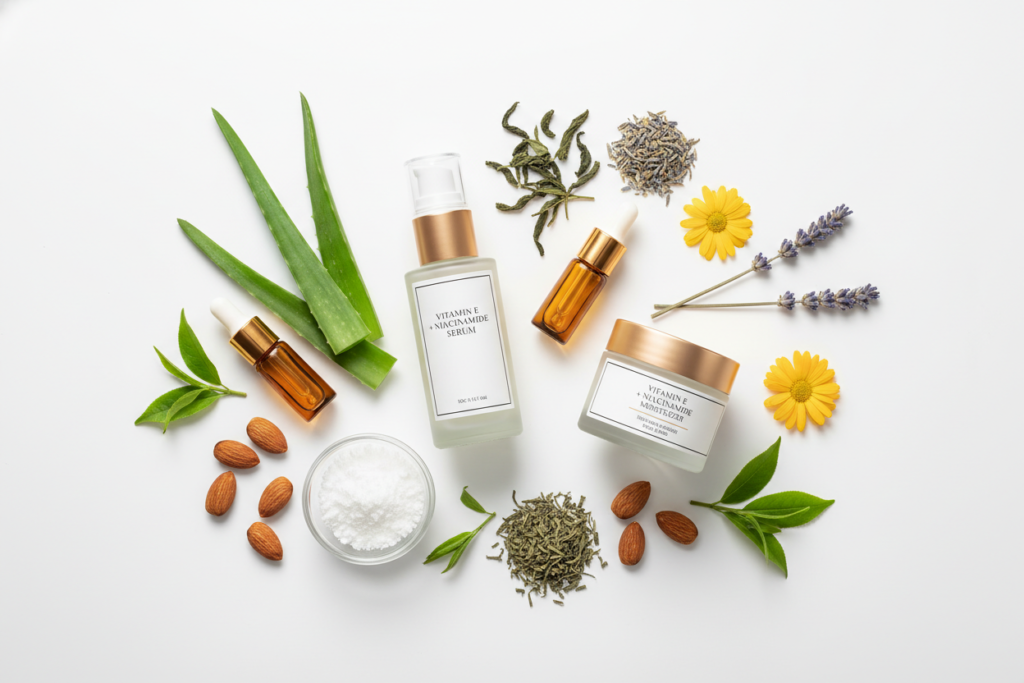 vitamin and niacinamide ingredient bottles for skin barrier repair