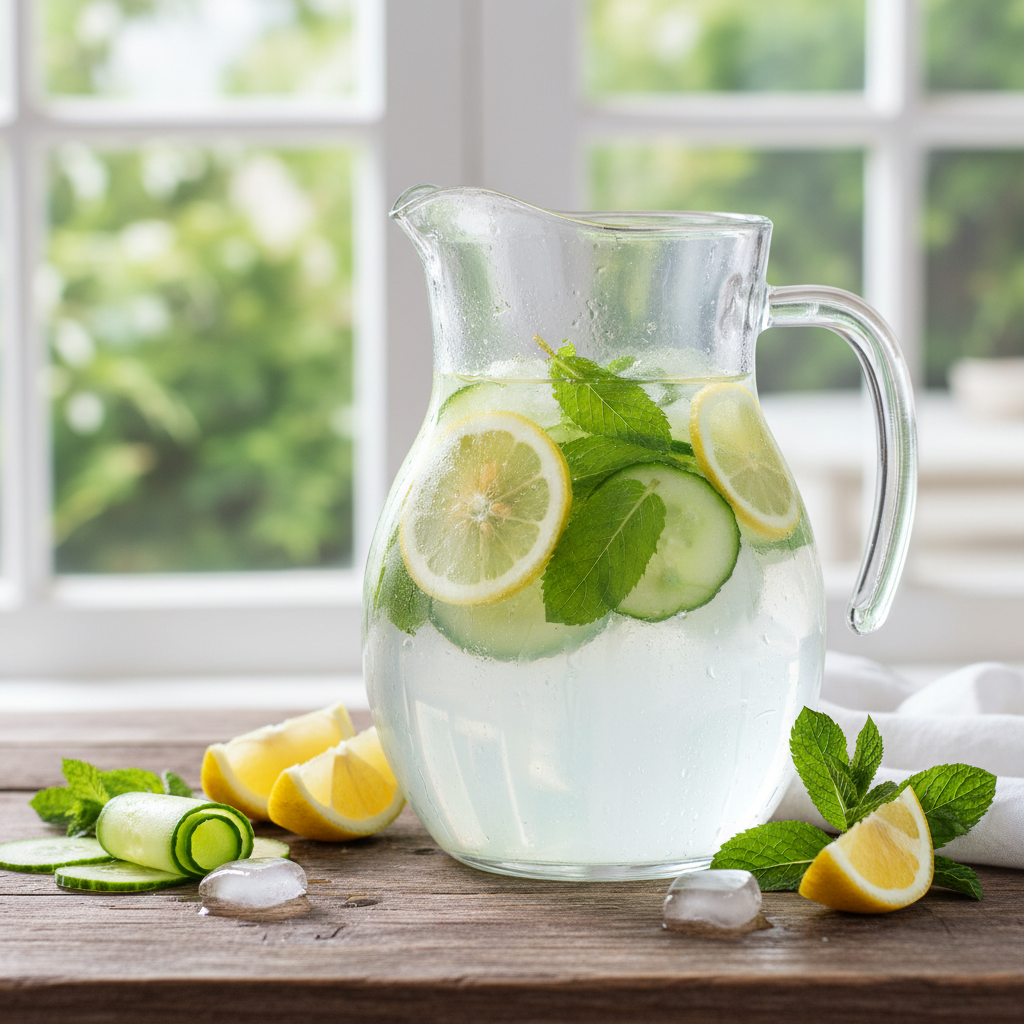 water infused with lemon cucumber mint herbs