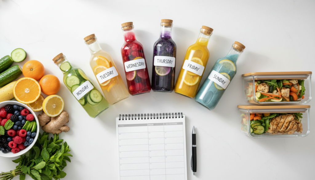 weekly meal prep with detox water in glass containers