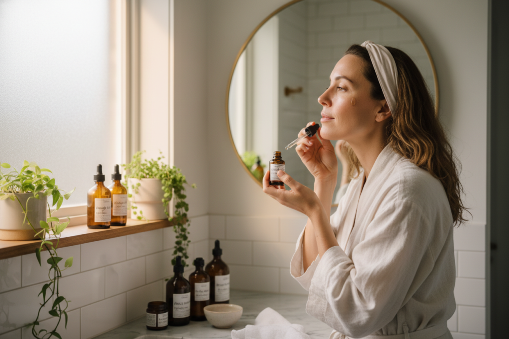 woman applying diy skin care routine in bathroom mirror