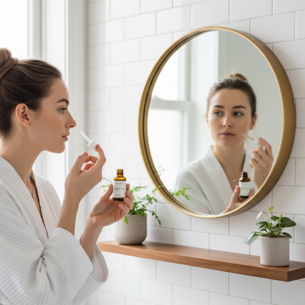 woman applying facial serum looking in mirror woman applying facial serum looking in mirror