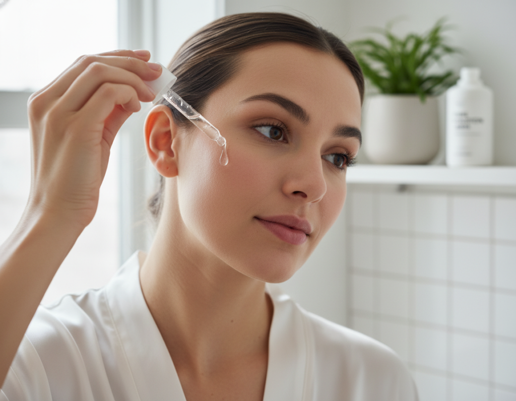 woman applying hydrating serum to face showing proper application technique for dry skin