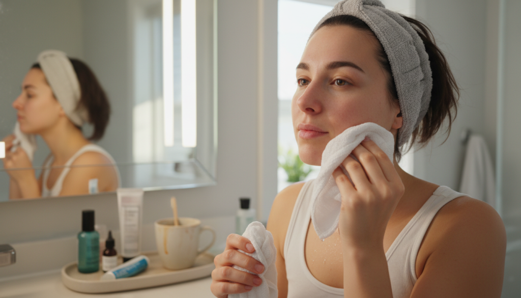 woman applying ice cube to face for quick skin fix