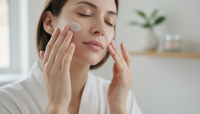 woman applying moisturizer to dry skin on face showing proper dry skin care routine application