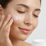 woman applying moisturizer to her dry skin face showing proper dry skin care routine technique