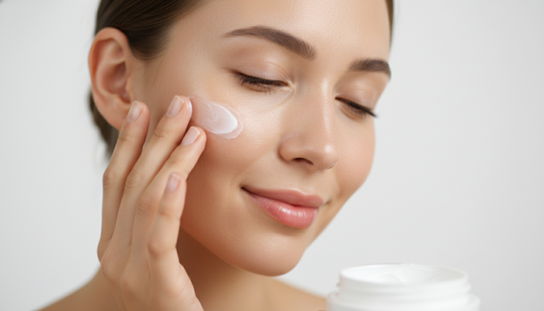 woman applying moisturizer to her dry skin face showing proper dry skin care routine technique