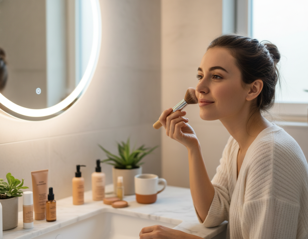 woman applying natural makeup looking in mirror woman applying natural makeup looking in mirror