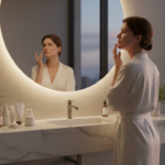 woman applying night skin care routine products in bathroom mirror