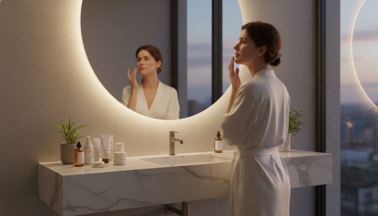 woman applying night skin care routine products in bathroom mirror